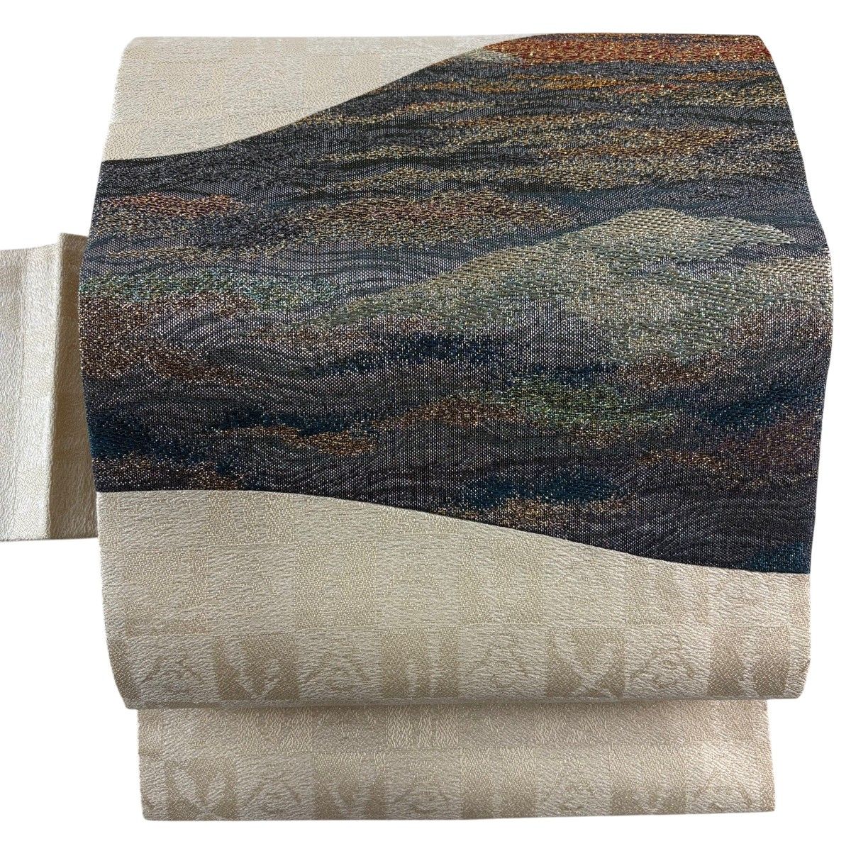 【美品】 名古屋帯 逸品 山並み 銀糸 箔 ベージュ 正絹 【中古】
