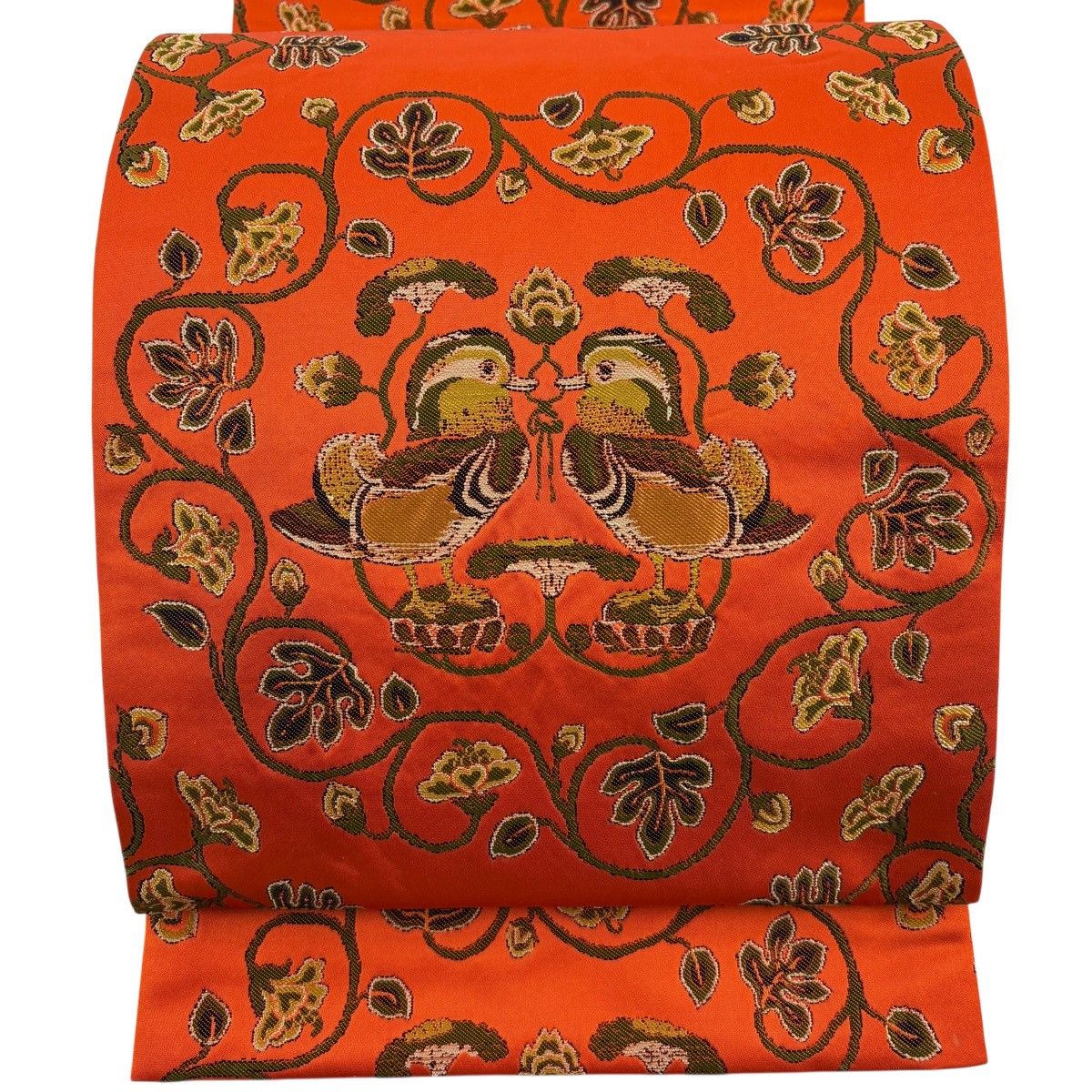 袋帯 逸品 龍村晋 落款 鴛鴦 草花 朱色 全通 正絹 【中古】