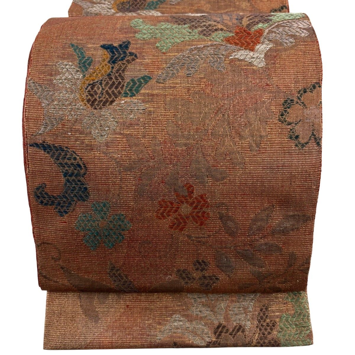 袋帯 逸品 証紙 草花 箔 金糸 赤茶 六通 正絹 【中古】