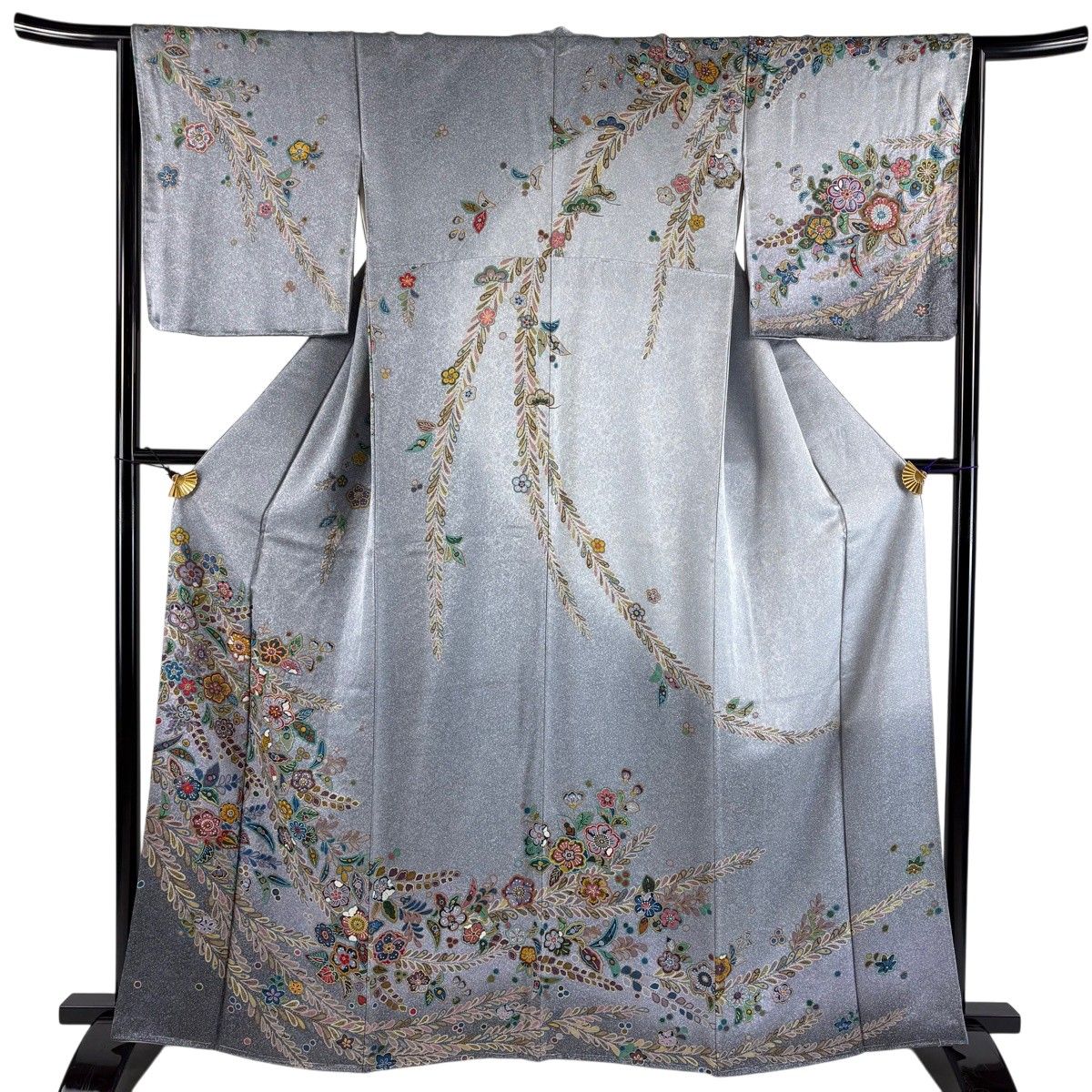 【美品】 訪問着 身丈163cm 裄丈64.5cm M 袷 草花 青灰色 正絹 名品 【中古】