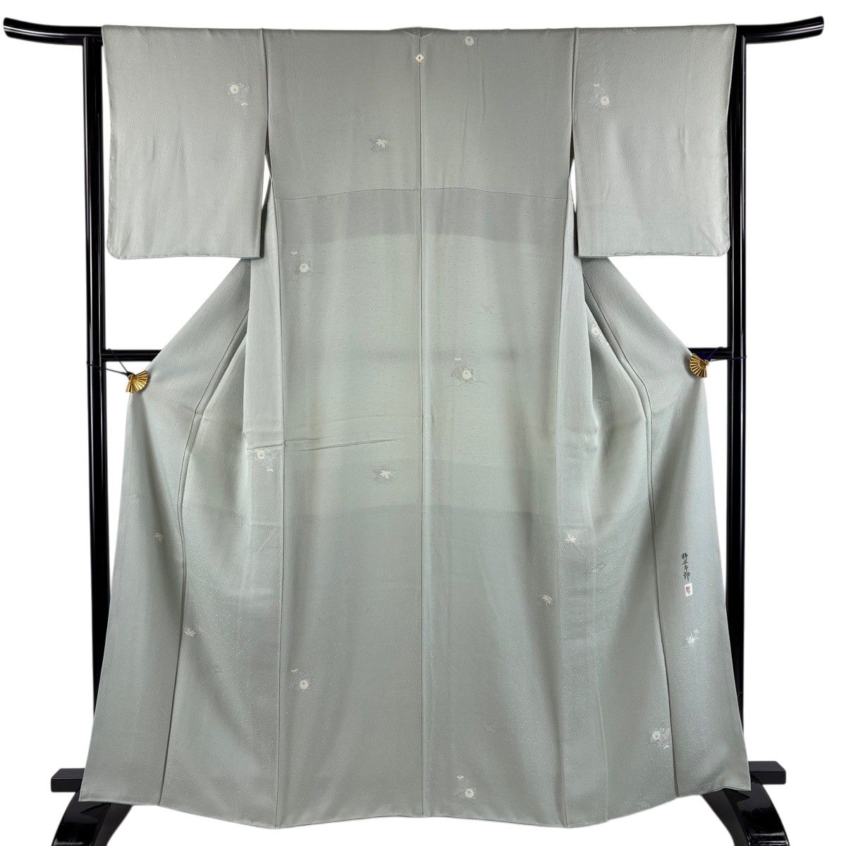 小紋 身丈165cm 裄丈63cm S 袷 柿本市郎 落款 草花 薄緑 正絹 名品 一つ紋 【中古】
