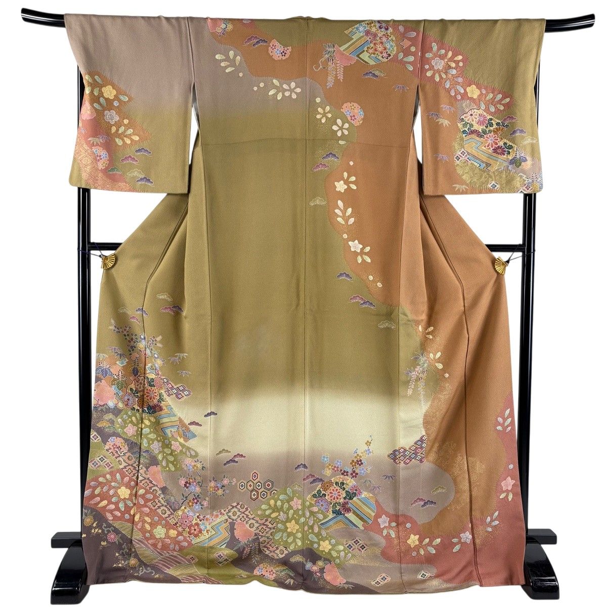 訪問着 身丈173cm 裄丈69.5cm L 袷 草花 有職文様 絞り 金彩 薄茶色 正絹 名品 【中古】
