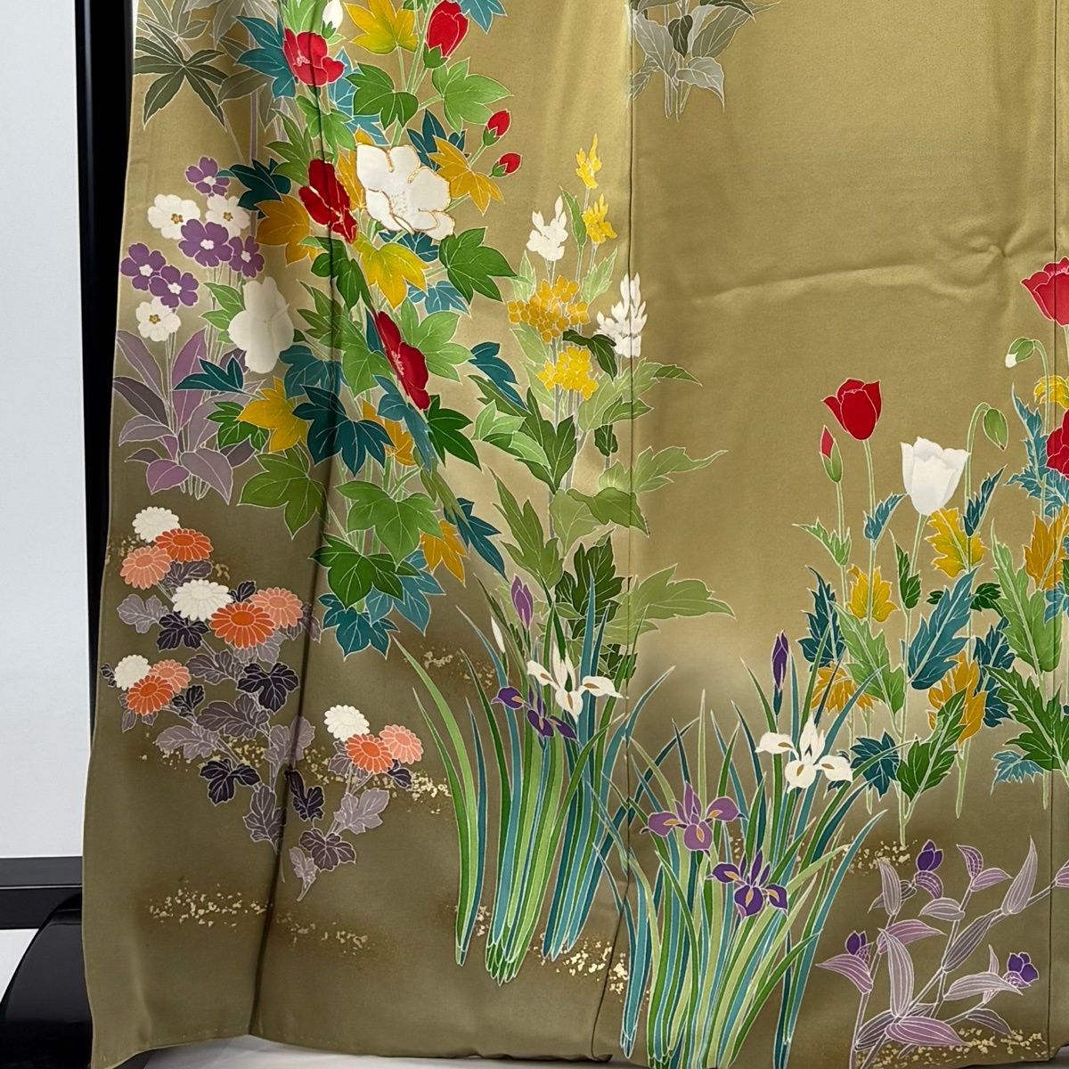 訪問着 身丈170cm 裄丈68cm L 袷 落款 草花 金糸 金彩 黄土色 正絹