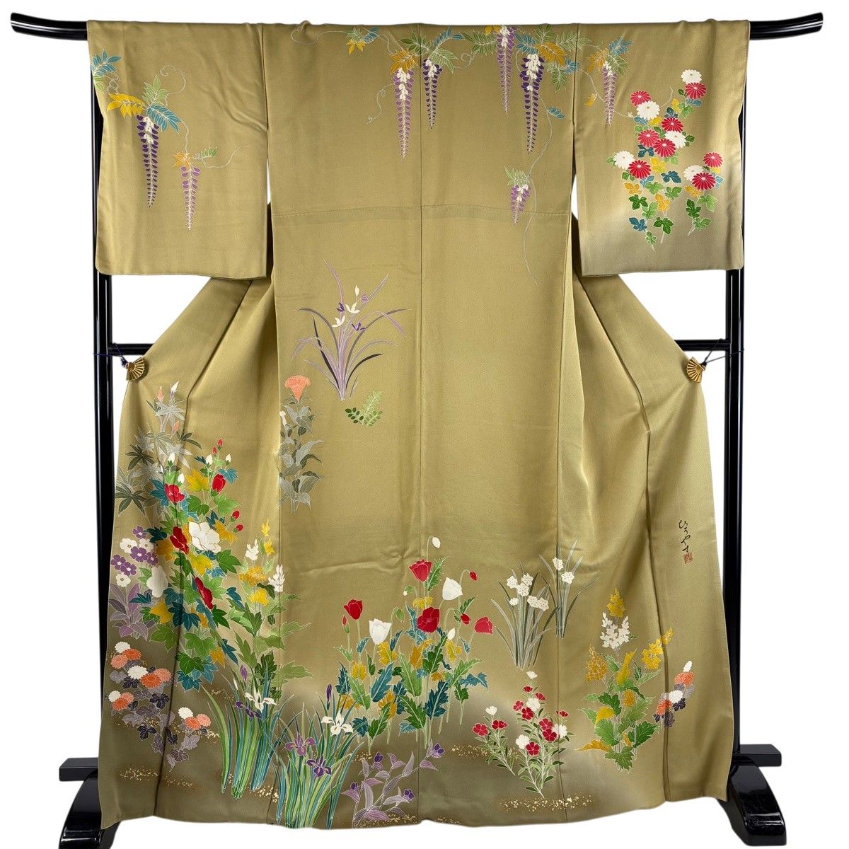 訪問着 身丈170cm 裄丈68cm L 袷 落款 草花 金糸 金彩 黄土色 正絹