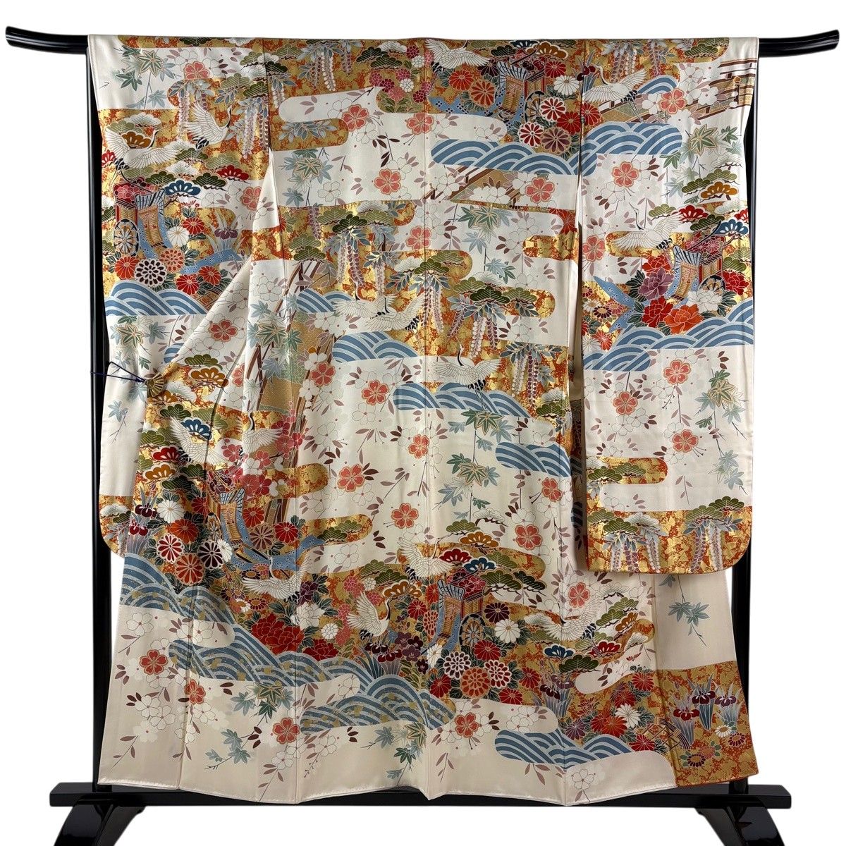 振袖 身丈156cm 裄丈66cm M 袷 御所車 花鳥 金糸 金彩 クリーム 正絹 名品 【中古】