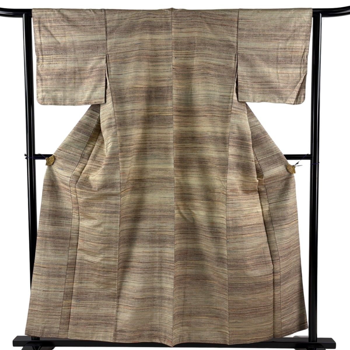 【美品】 紬 身丈157.5cm 裄丈62cm S 袷 草木染 縞 薄茶色 正絹 名品 【中古】