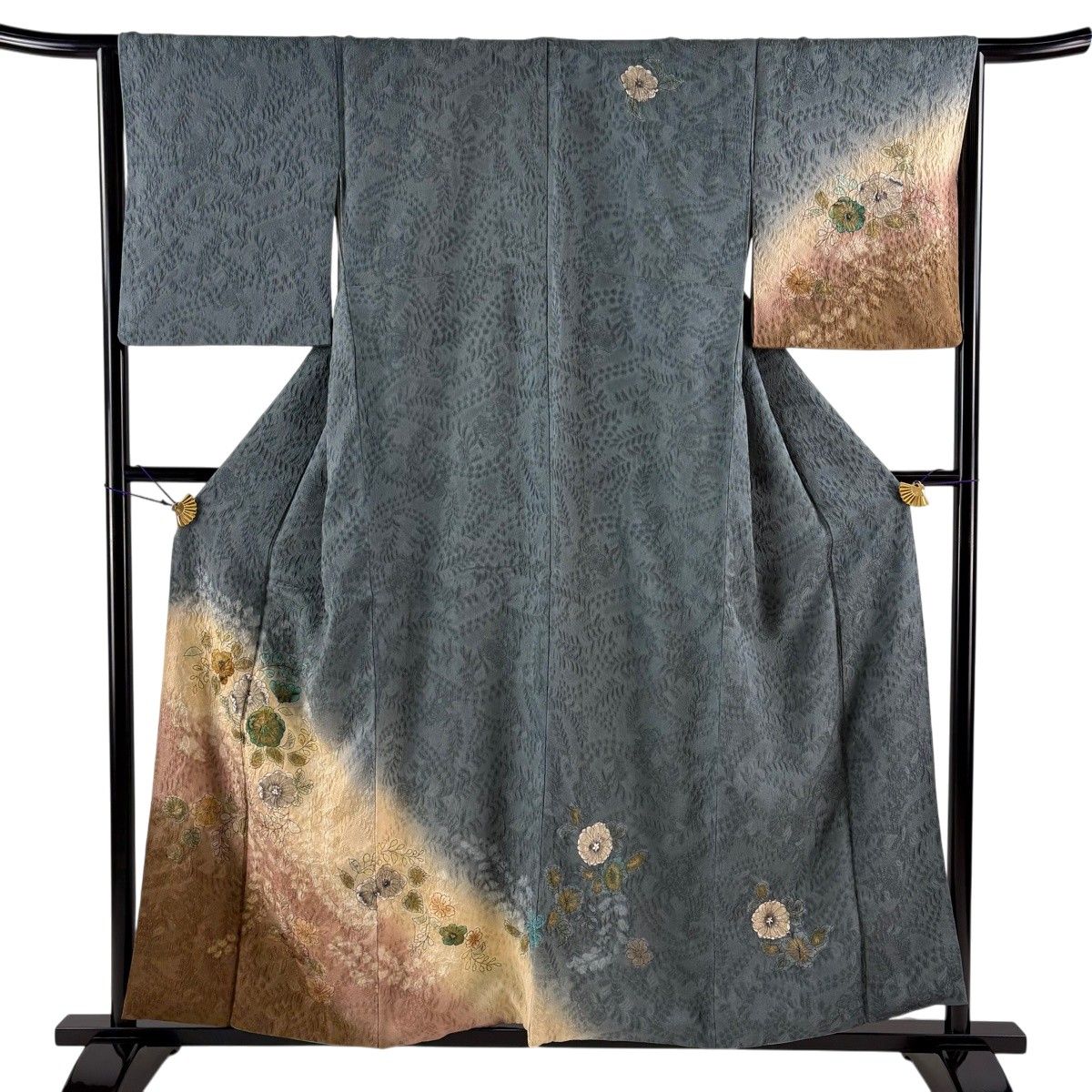 【美品】 付下げ 身丈158cm 裄丈65.5cm M 袷 辻が花 金彩 ぼかし 灰緑 正絹 名品 【中古】