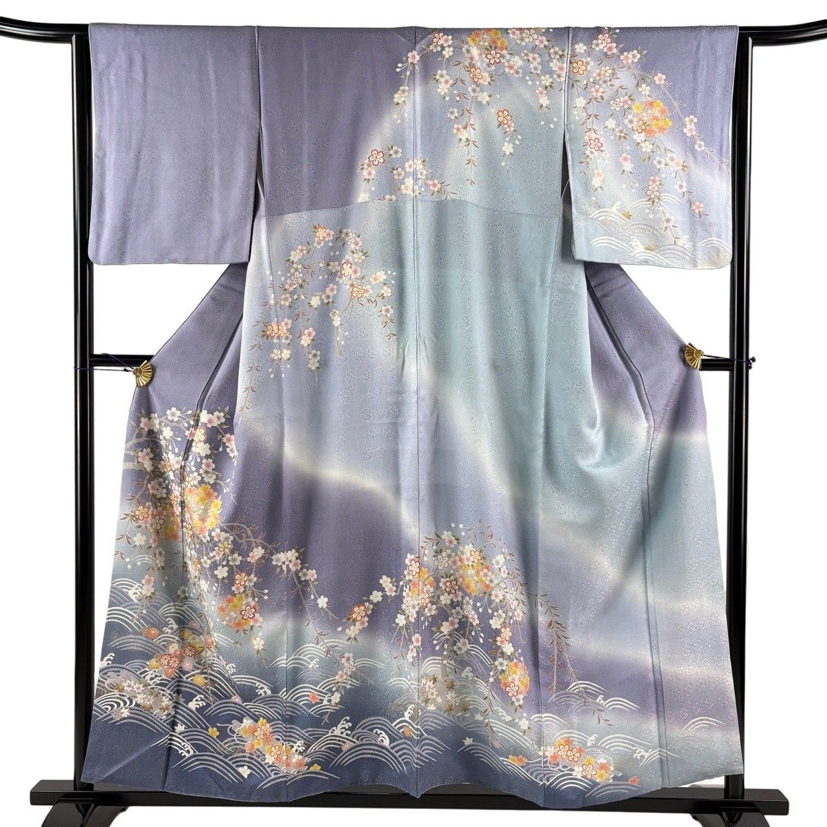 訪問着 身丈156cm 裄丈63.5cm S 袷 桜 波 金糸 金彩 薄紫 正絹 名品 【中古】