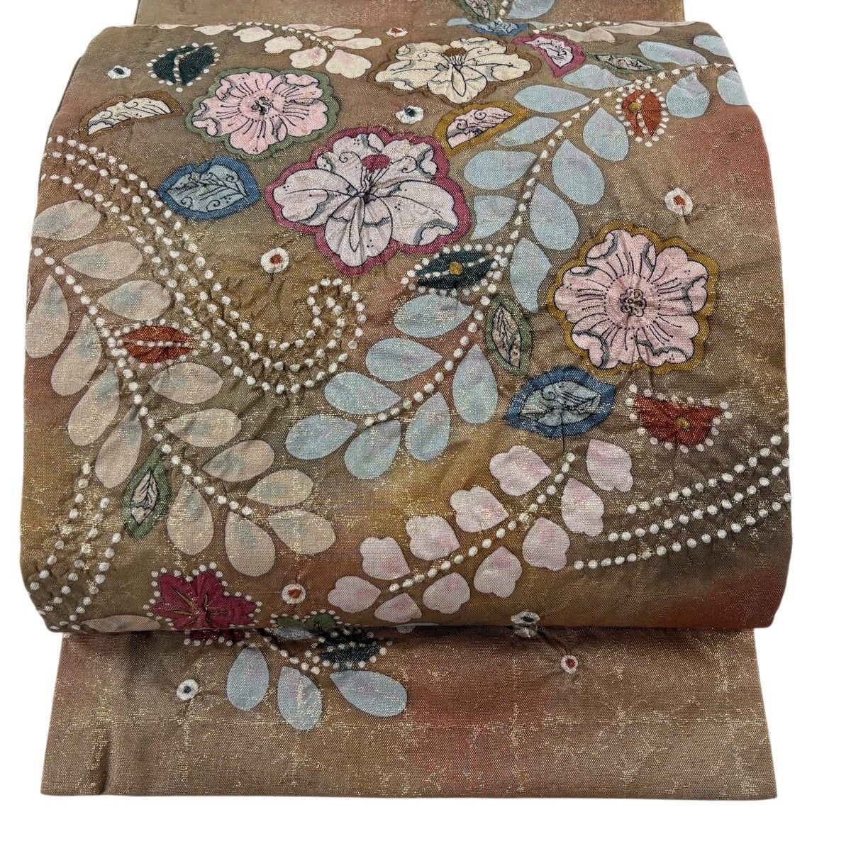 【美品】 袋帯 名品 辻ヶ花柄 箔 銀通し 茶色 お太鼓柄 正絹 【中古】