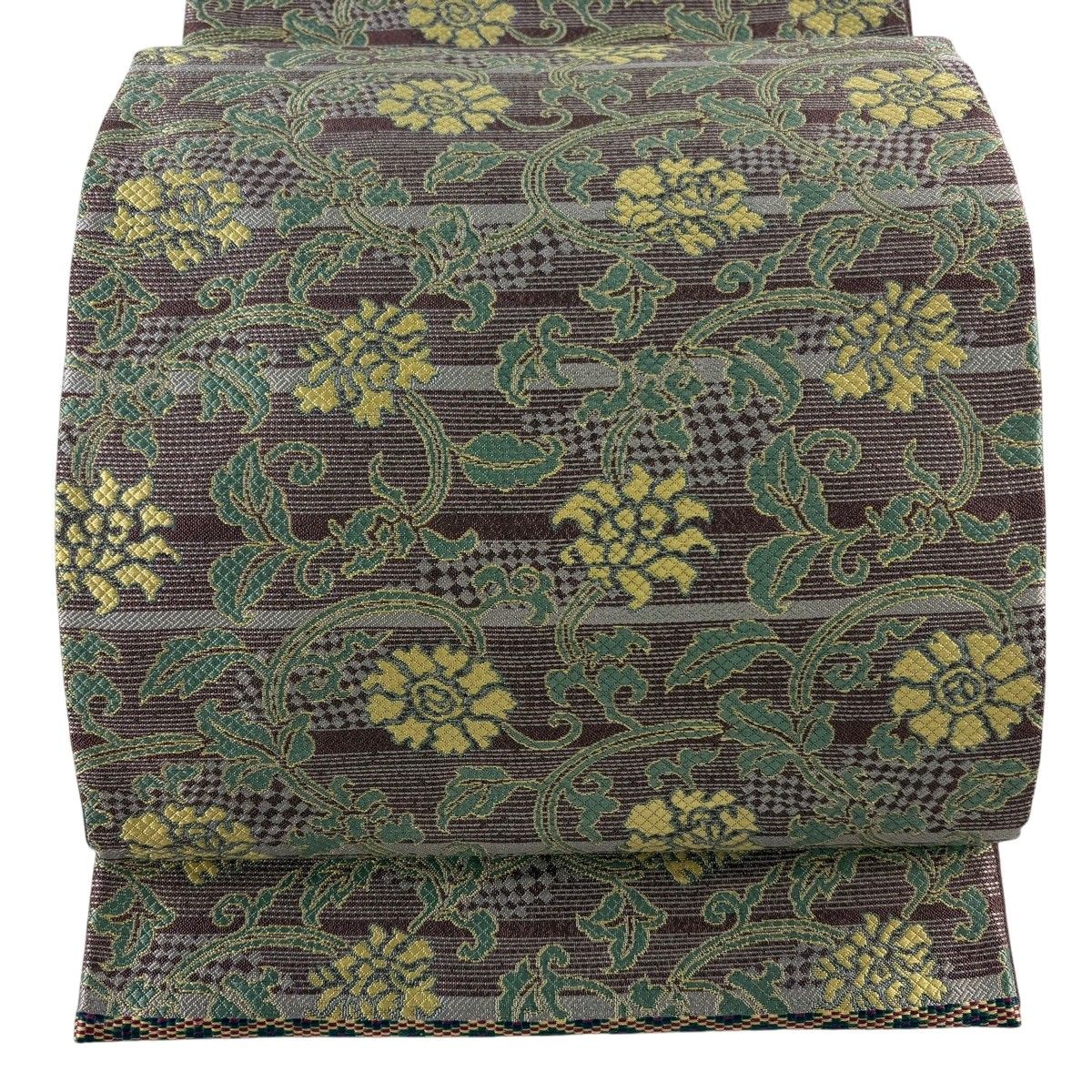 【美品】 袋帯 名品 鈴乃屋 牡丹唐草 茶紫 六通 正絹 【中古】