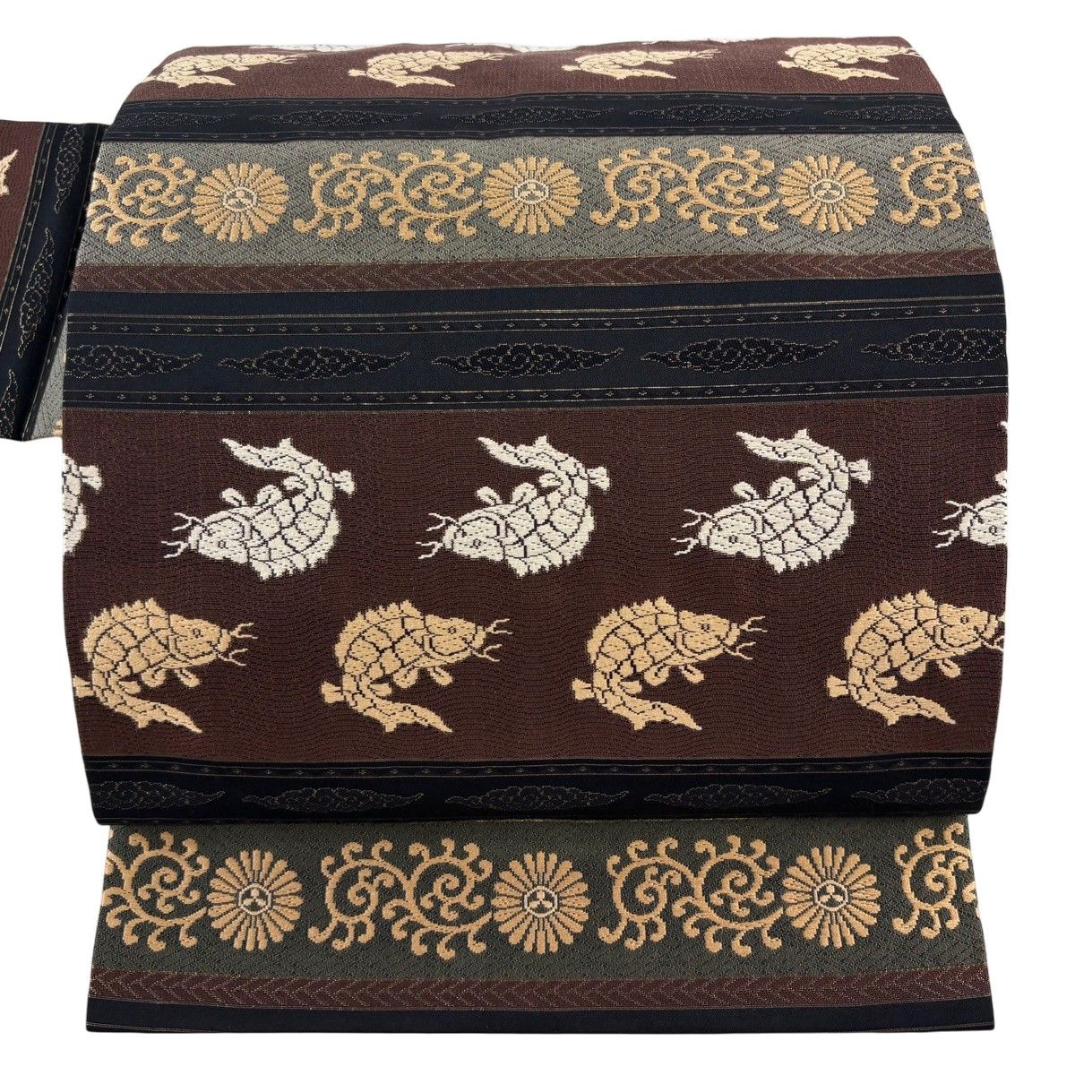 【美品】 名古屋帯 名品 荒磯 菊唐草 箔 黒 正絹 【中古】