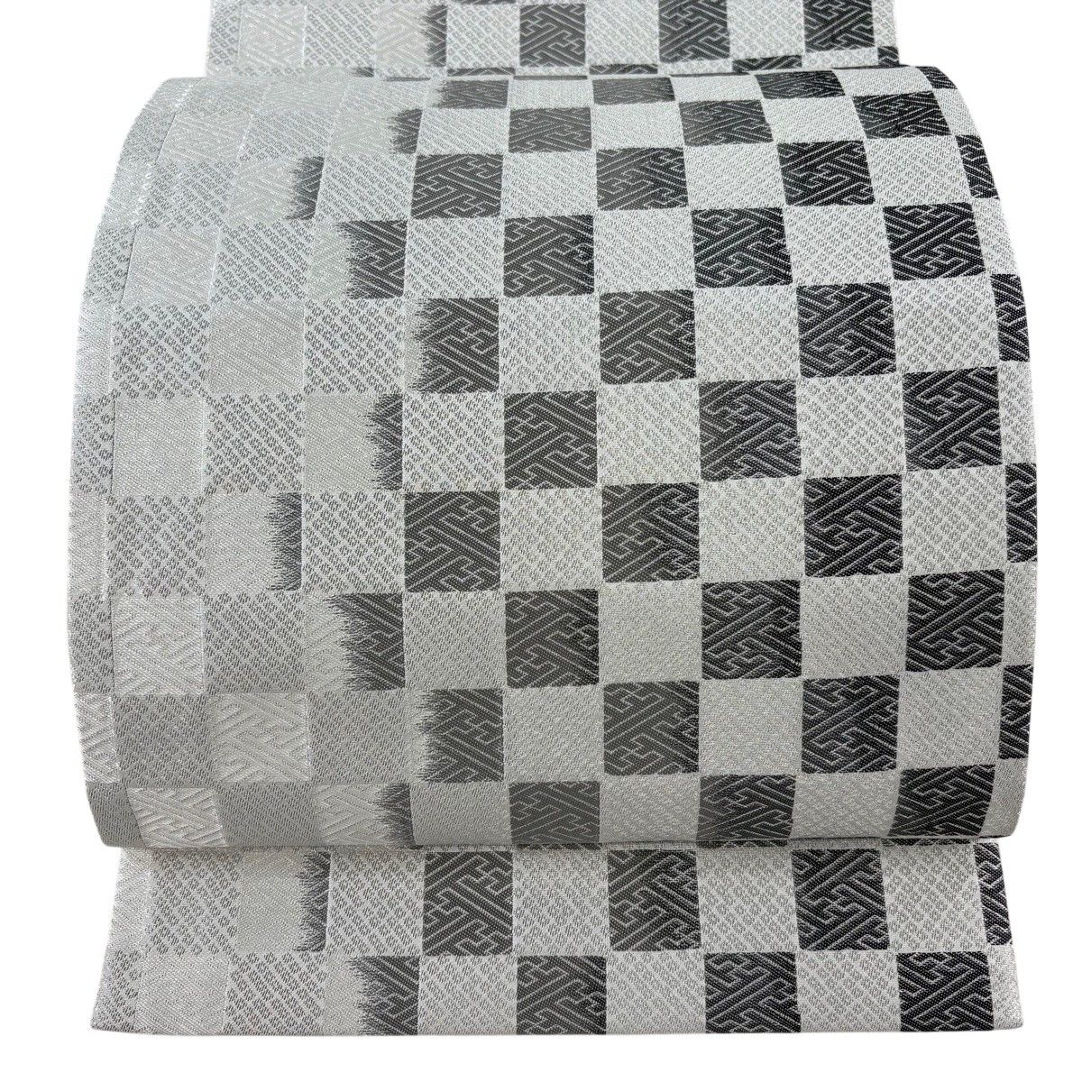 【美品】 袋帯 名品 市松 紗綾形 銀糸 銀色 六通 正絹 【中古】