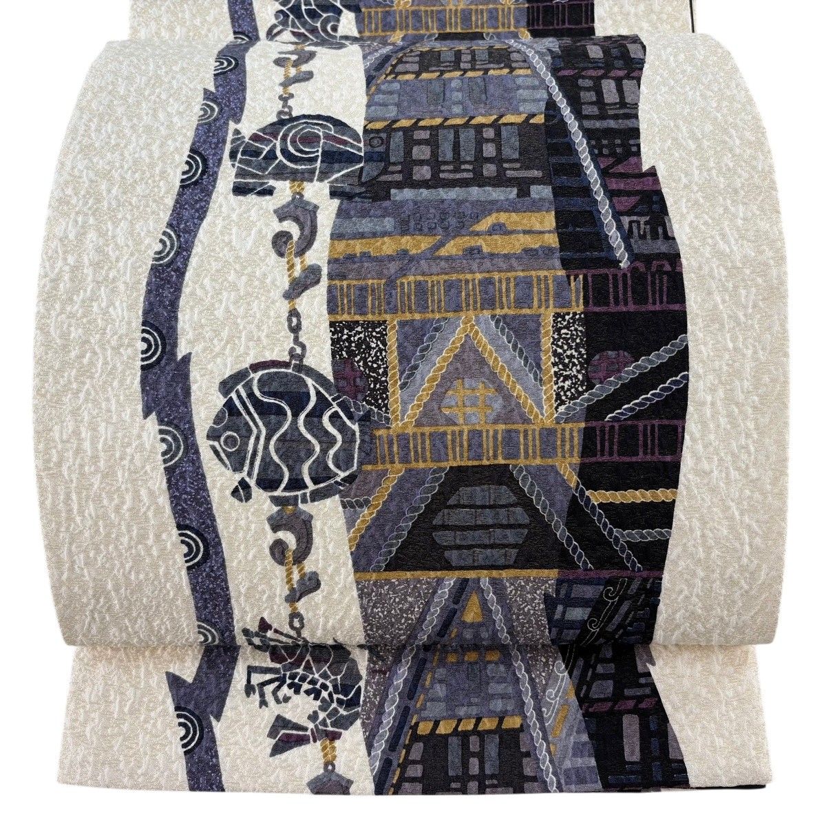 【美品】 袋帯 名品 魚 蟹 金糸 クリーム 全通 正絹 【中古】