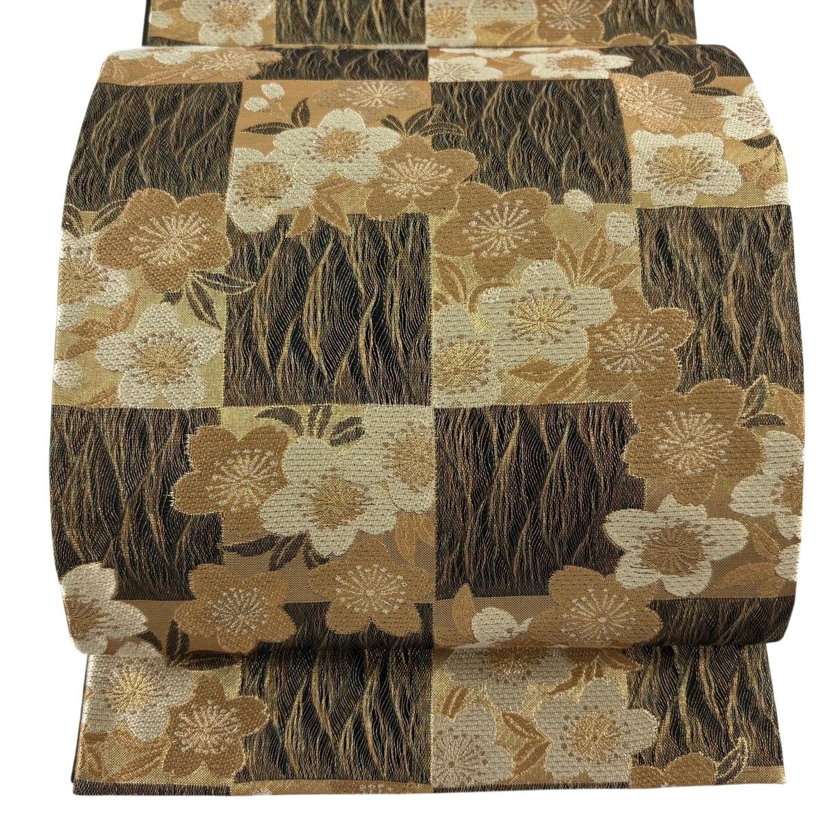 【美品】 袋帯 名品 証紙 桜 市松 金糸 茶緑色 六通 正絹 【中古】