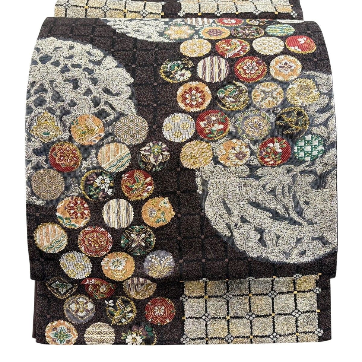 【美品】 袋帯 名品 正倉院の宝物 象 金銀糸 箔 茶紫 六通 正絹 【中古】