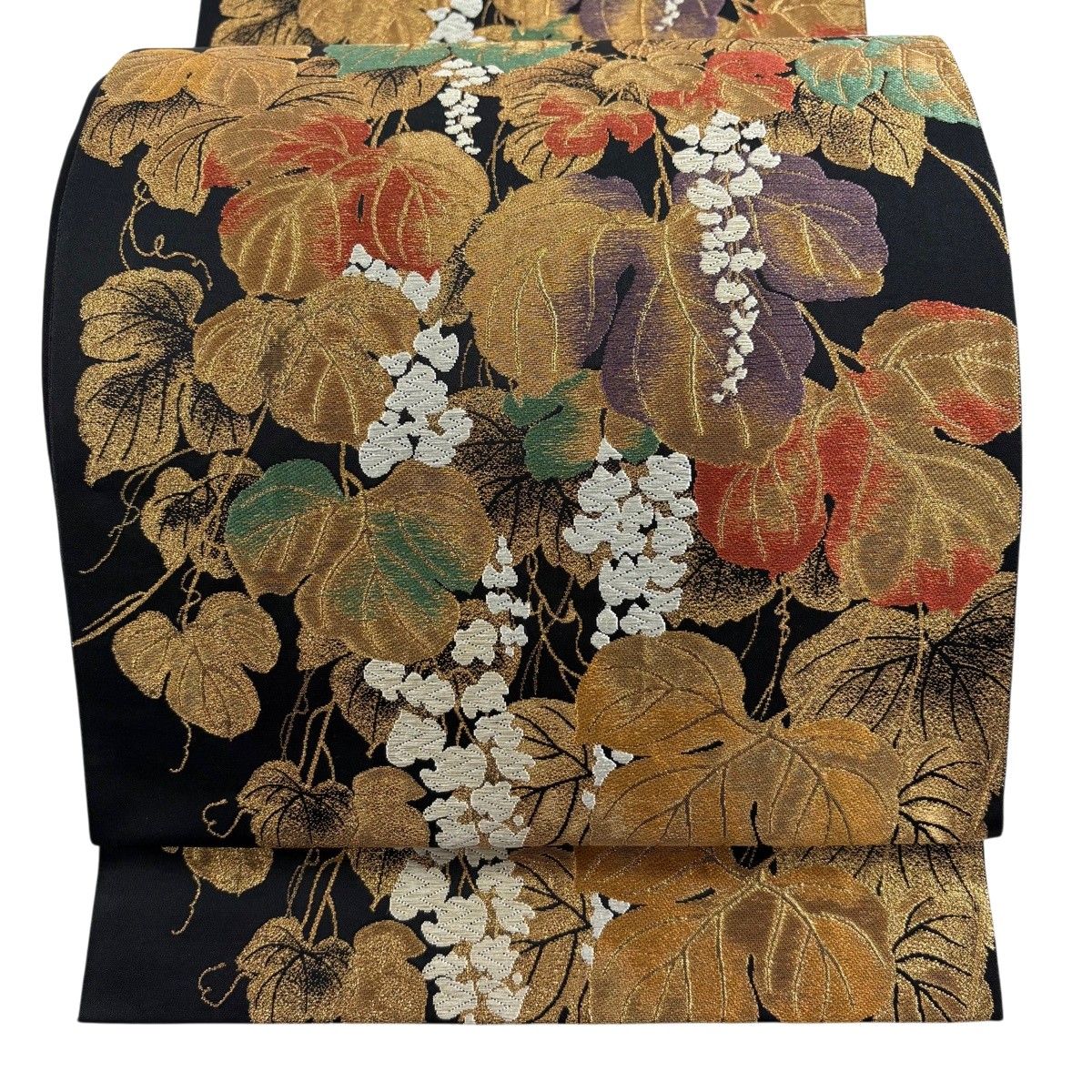【美品】 袋帯 名品 草花 金銀糸 箔 黒 六通 正絹 【中古】