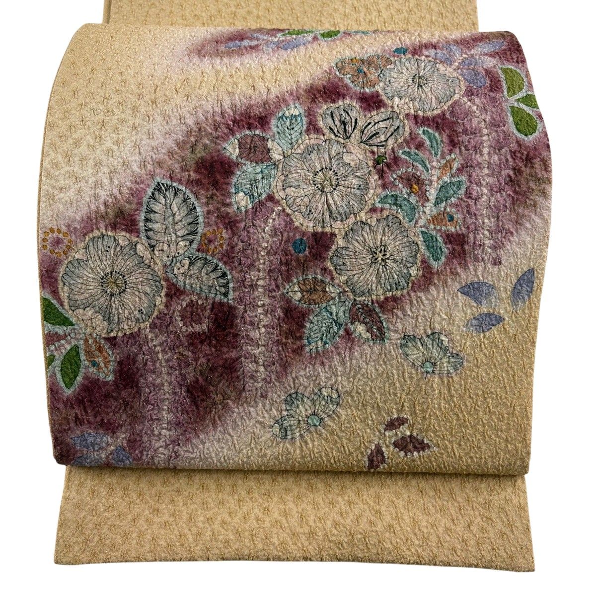 【美品】 袋帯 名品 辻が花 箔 ふくれ織 ベージュ お太鼓柄 正絹 【中古】