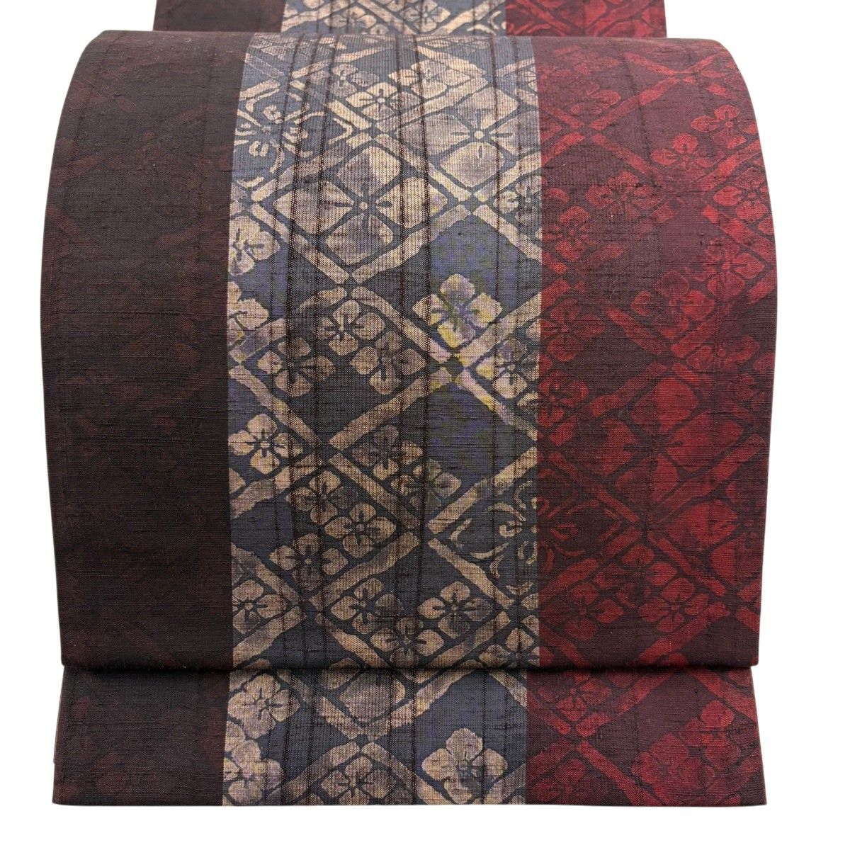 【美品】 袋帯 名品 紬地 花菱 縞模様 柿しぶ染 えんじ色 全通 正絹 【中古】
