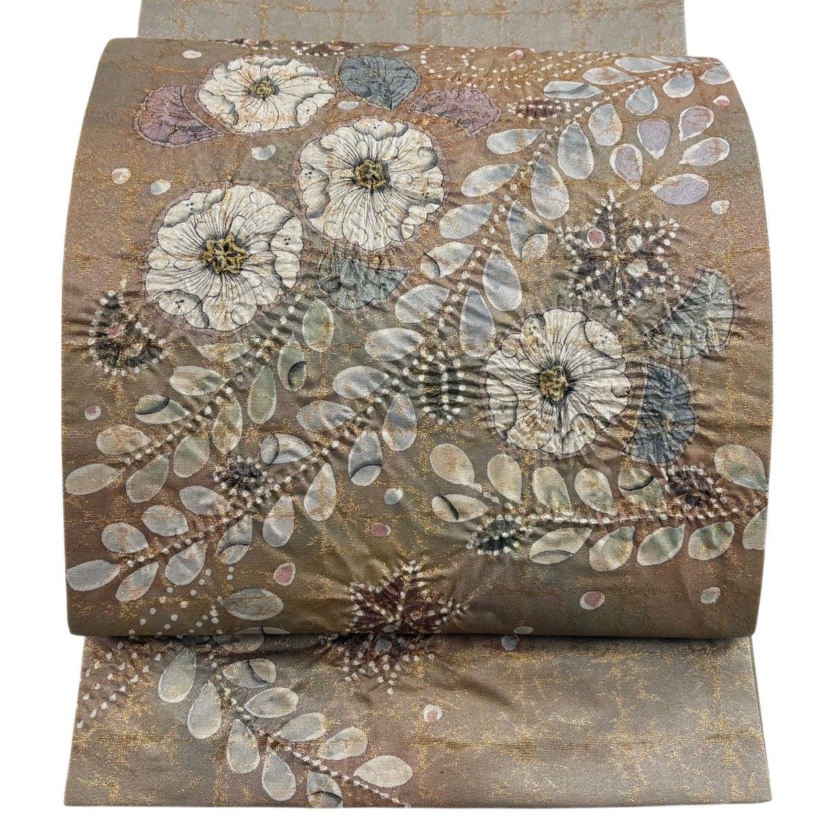 【美品】 袋帯 名品 落款 辻が花 箔 銀糸 灰茶 お太鼓柄 正絹 【中古】