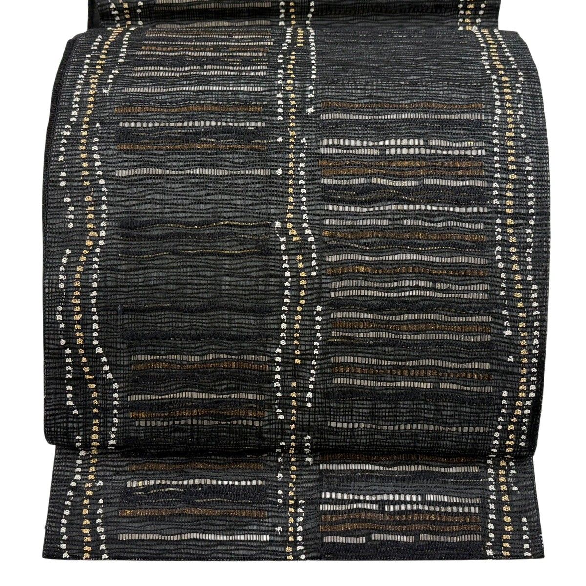 【美品】 袋帯 名品 よろけ縞 金銀糸 金彩 墨色 六通 正絹 【中古】