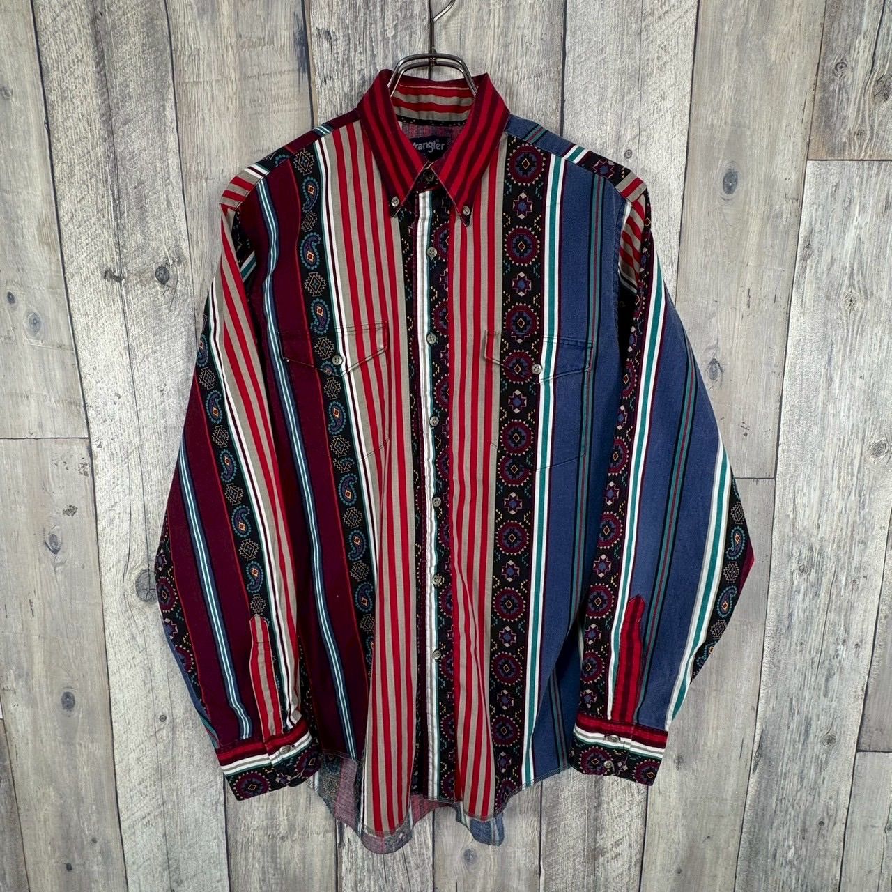 OLD Wrangler 90s ラングラー COWBOY CUT REGULAR FIT カーボーイ カット ネイティヴ柄 ペイズリー 長袖 BD ボタンダウン ストライプ コットン シャツ メンズ XL サイズ