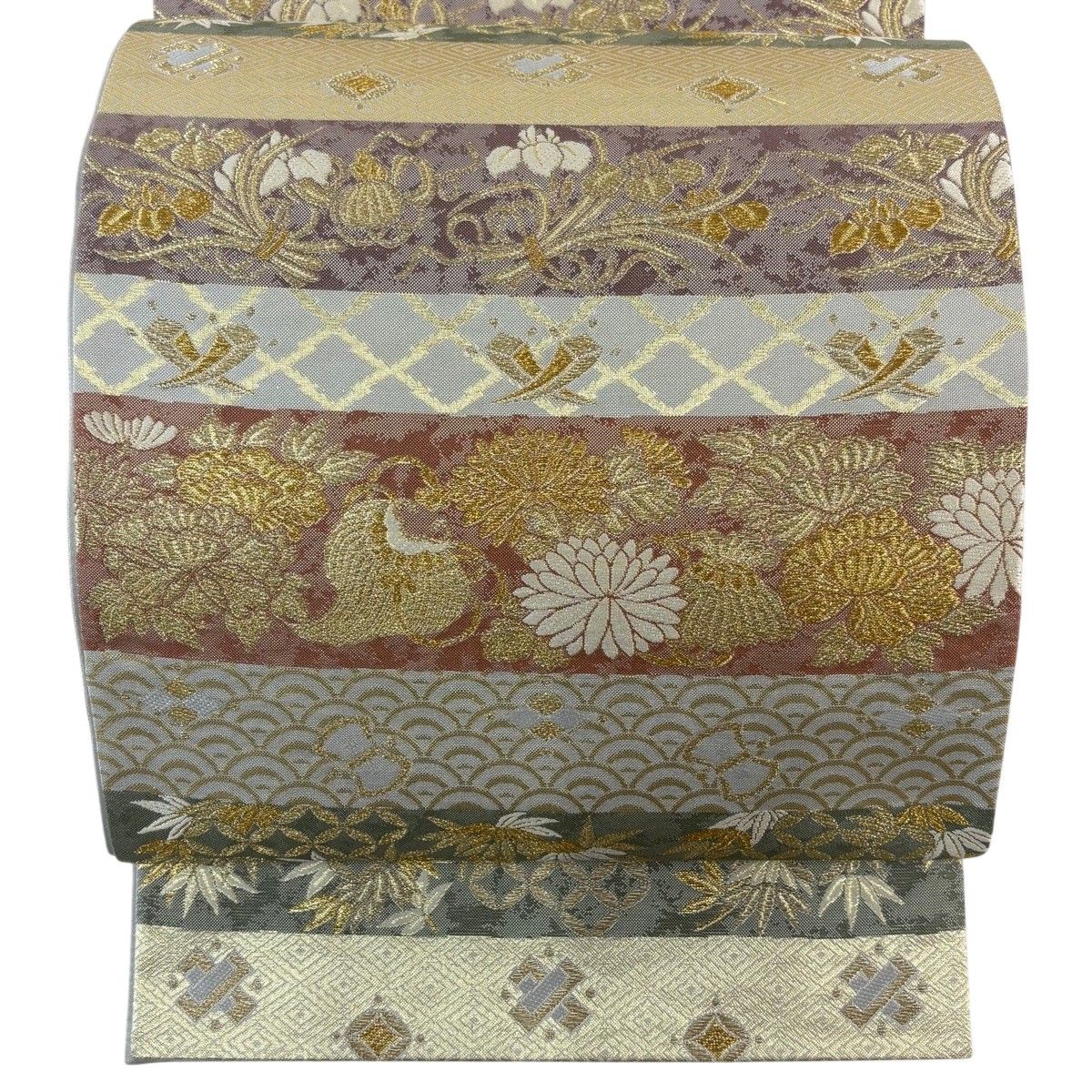 【美品】 袋帯 秀品 段縞 草花 金糸 箔 金色 六通 正絹 【中古】 6,864円