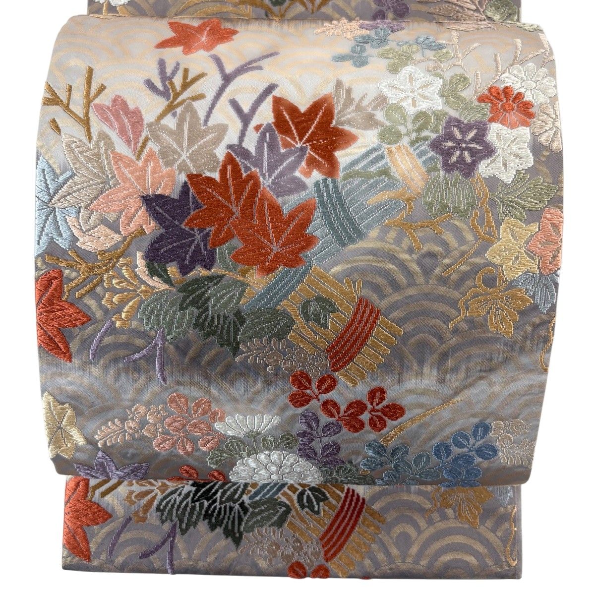 【美品】 袋帯 秀品 秋草 青海波 金糸 箔 灰茶 六通 正絹 【中古】