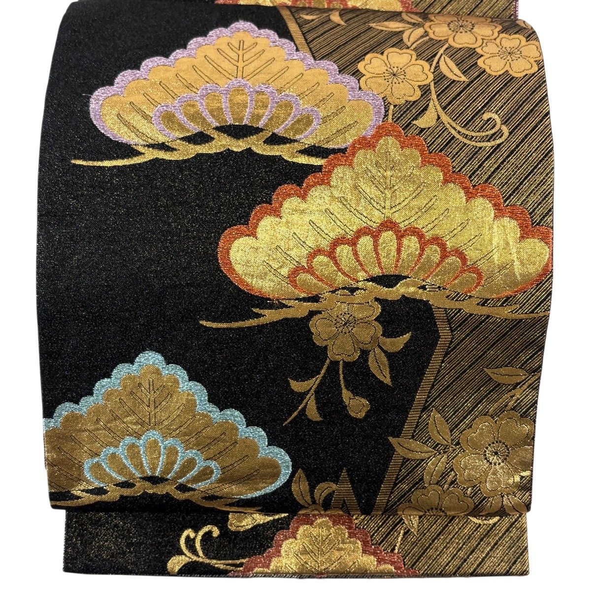 袋帯 秀品 振袖向き 笠松 桜 ラメ糸 箔 黒 六通 正絹 【中古】