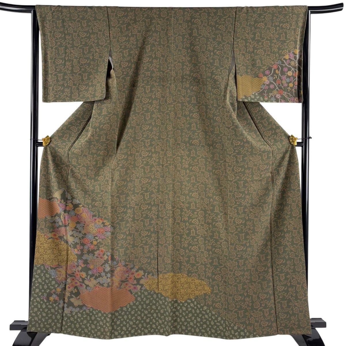 付下げ 身丈163cm 裄丈65cm M 袷 鼓 雲文 茶緑色 正絹 秀品 【中古】