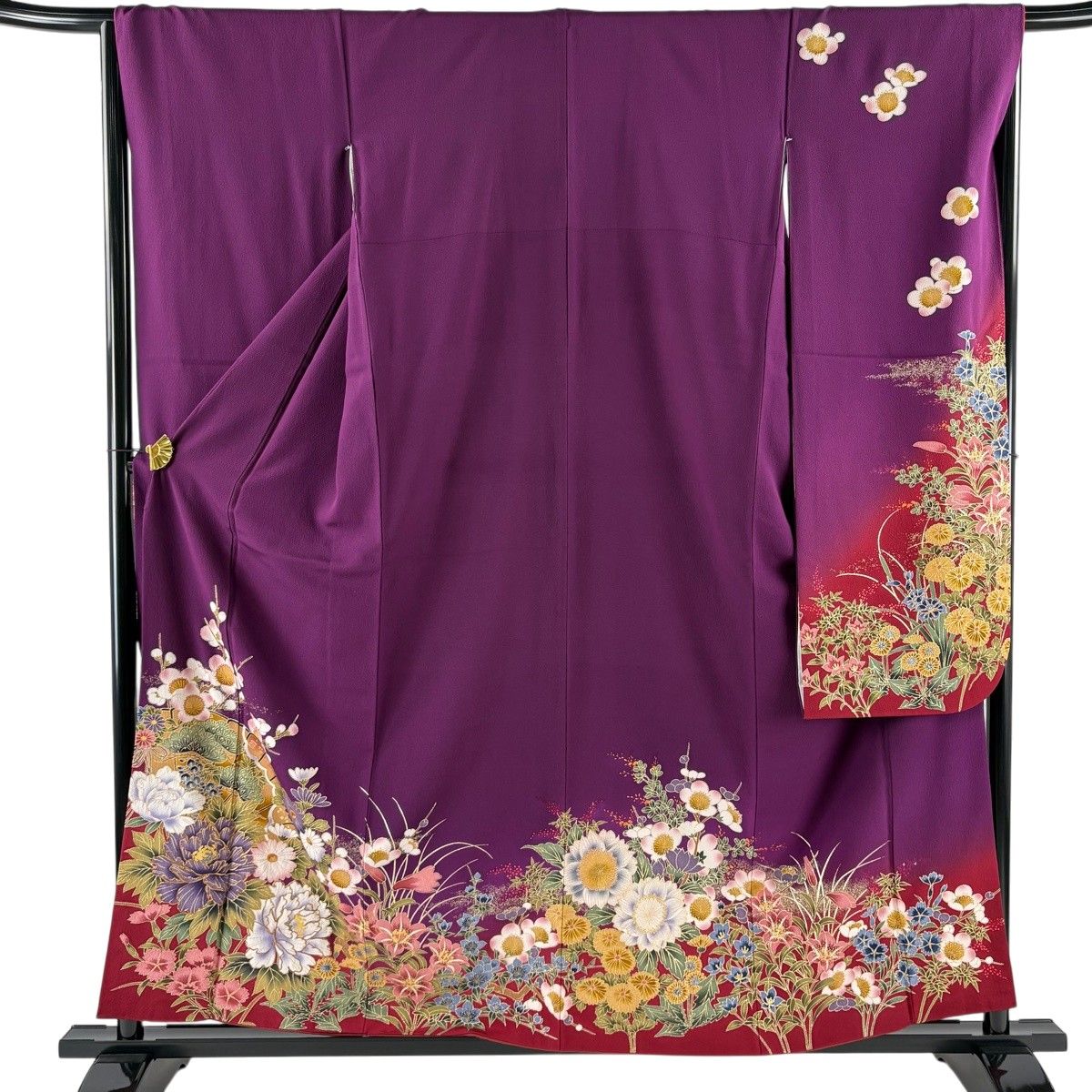振袖 身丈157.5cm 裄丈66.5cm M 袷 ますいわ屋 扇 草花 銀彩 金糸 紫 正絹 秀品 【中古】