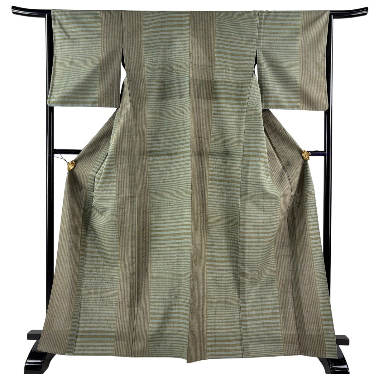 紬 身丈164.5cm 裄丈64cm M 単衣 縞 茶緑色 正絹 秀品 【中古】