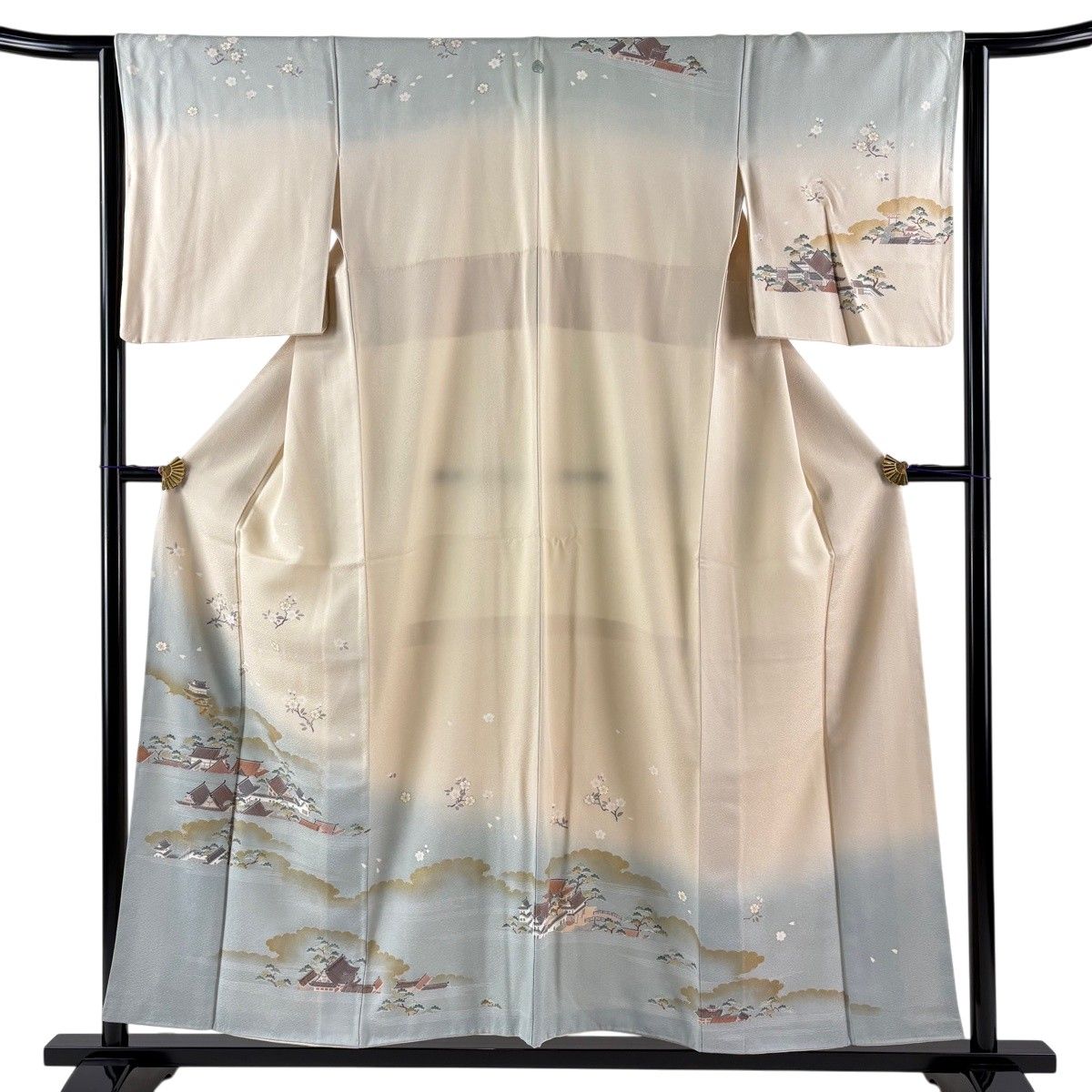 訪問着 身丈155.5cm 裄丈63.5cm S 袷 桜 風景 金彩 ぼかし ベージュ 正絹 秀品 一つ紋 【中古】