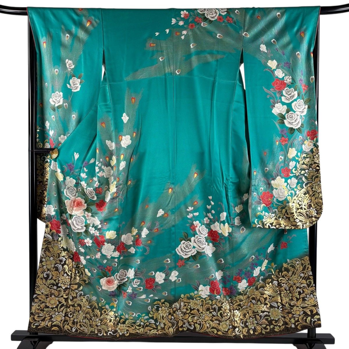 振袖 身丈156.5cm 裄丈66.5cm M 袷 落款 バラ 花唐草 刺繍 金糸 青緑