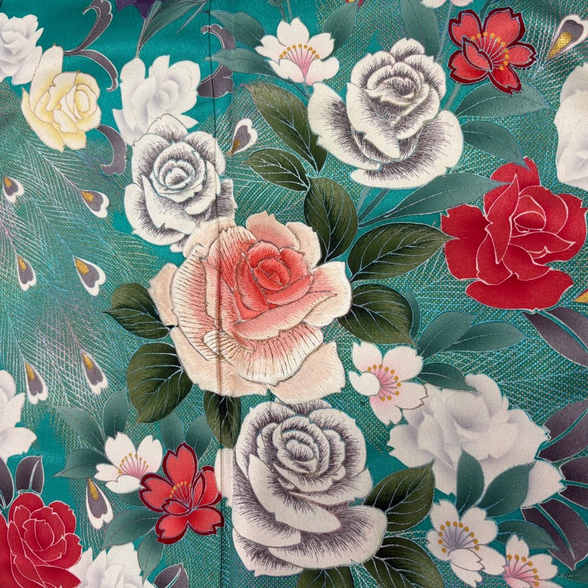 振袖 身丈156.5cm 裄丈66.5cm M 袷 落款 バラ 花唐草 刺繍 金糸 青緑