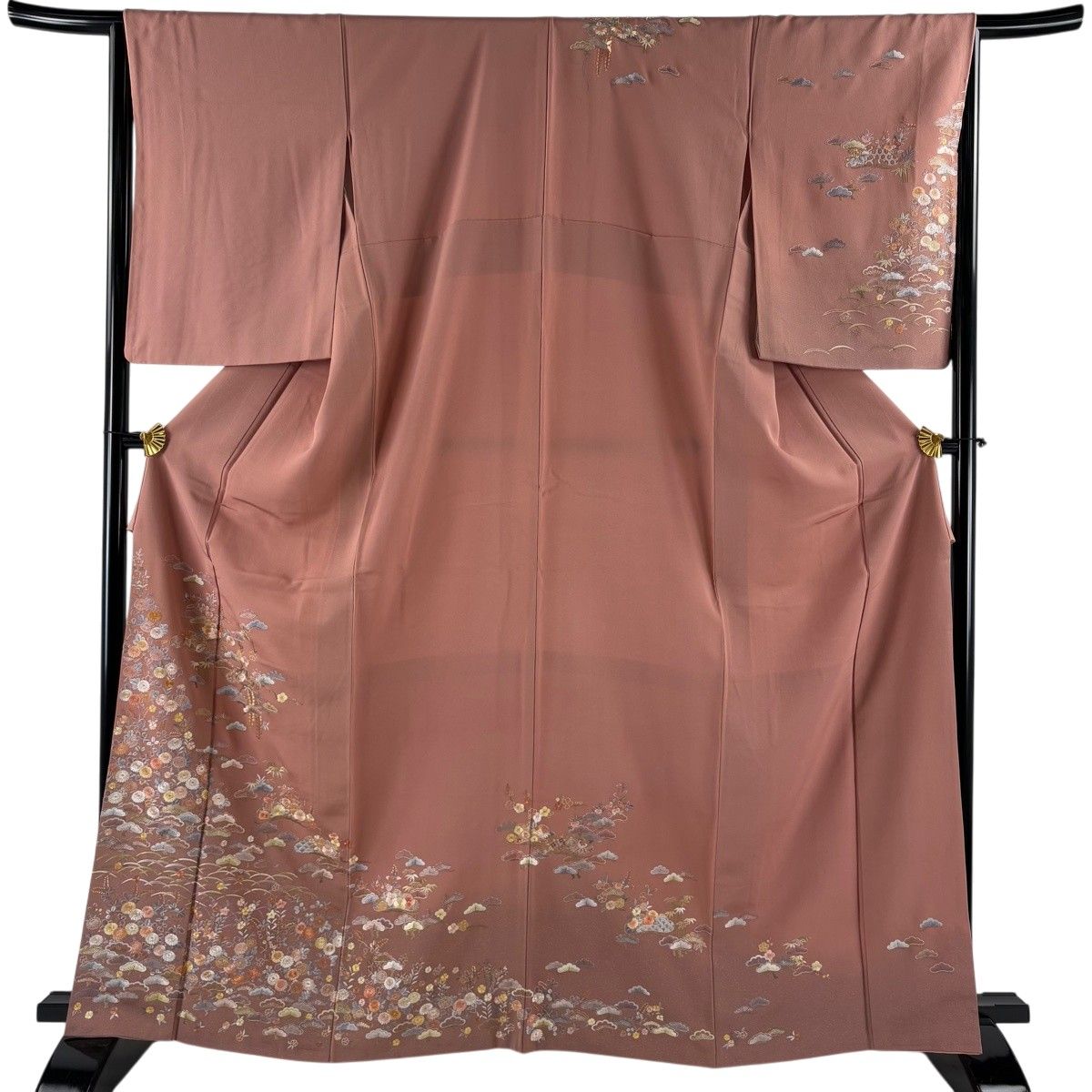 【美品】 訪問着 身丈164.5cm 裄丈66cm M 袷 松 菊 金糸 刺繍 ピンク 正絹 秀品 【中古】