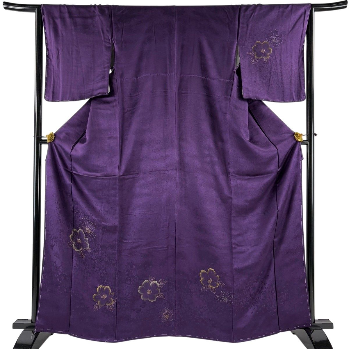 付下げ 身丈156cm 裄丈64cm M 袷 草花 濃紫 正絹 秀品 【】 【公式通販】