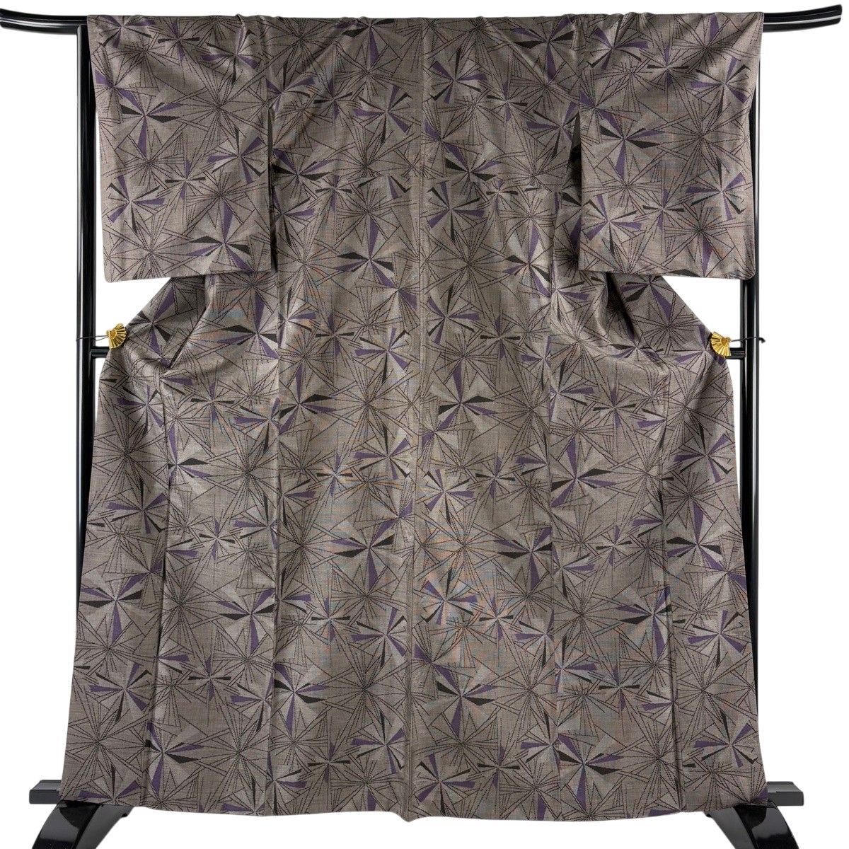 【美品】 紬 身丈163cm 裄丈67cm M 袷 幾何学模様 灰茶 正絹 秀品 【中古】