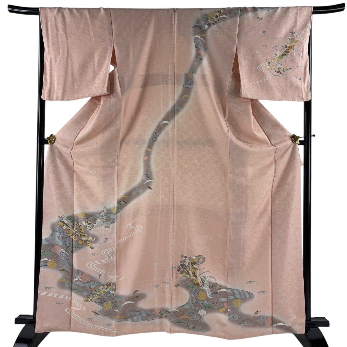 【美品】 訪問着 身丈166cm 裄丈67.5cm L 袷 源氏香 松竹梅 金彩 ぼかし 薄ピンク 正絹 秀品 一つ紋 【中古】