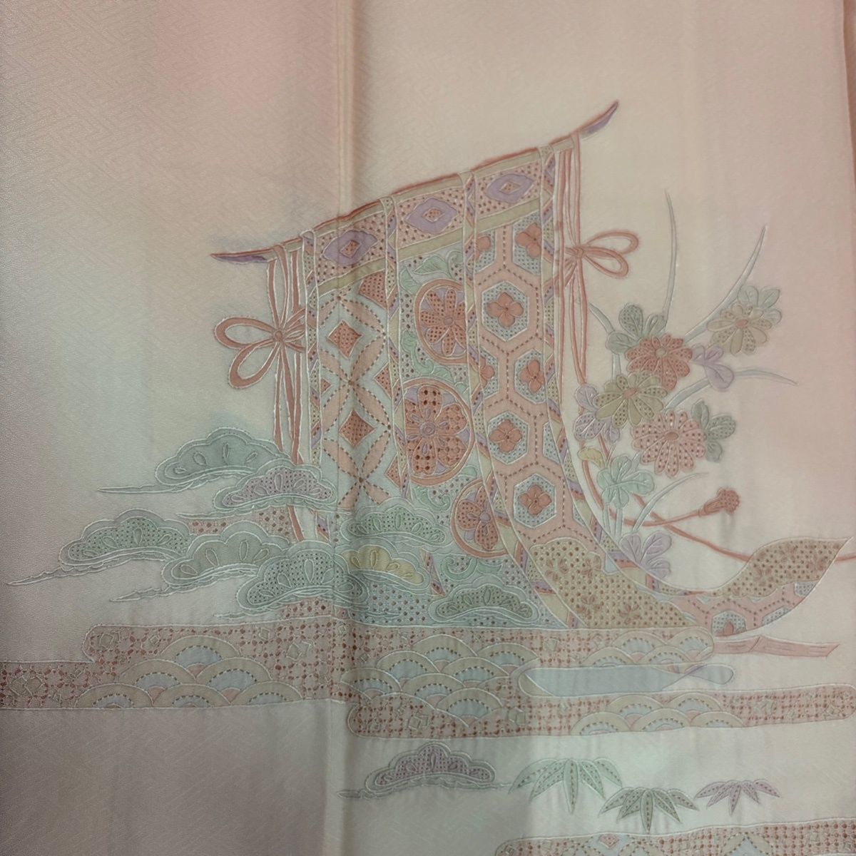 付下げ 美品 秀品 几帳 草花 汕頭刺繍 ピンク 袷 身丈160.5cm 裄丈63cm