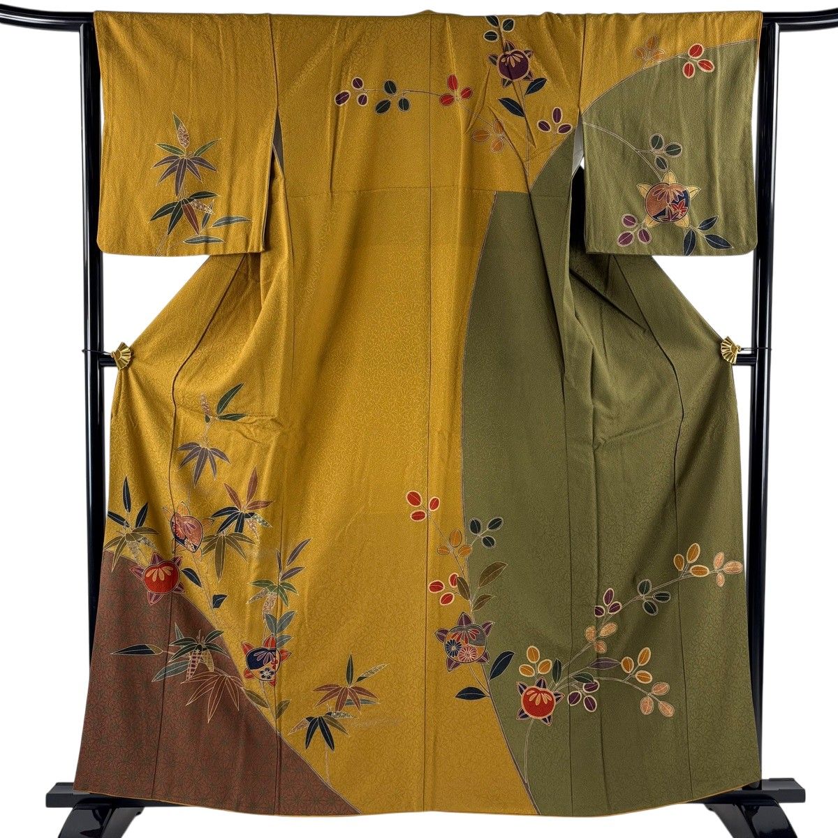 訪問着 身丈160.5cm 裄丈63.5cm S 袷 橘 笹 金彩 黄土色 正絹 秀品 【中古】 6,600円