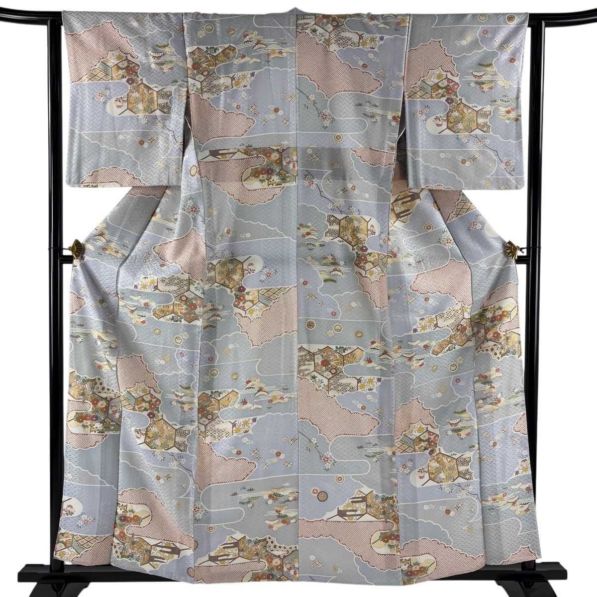 小紋 身丈160cm 裄丈62cm S 単衣 雲文 草花 金彩 青灰色 正絹 秀品 【中古】