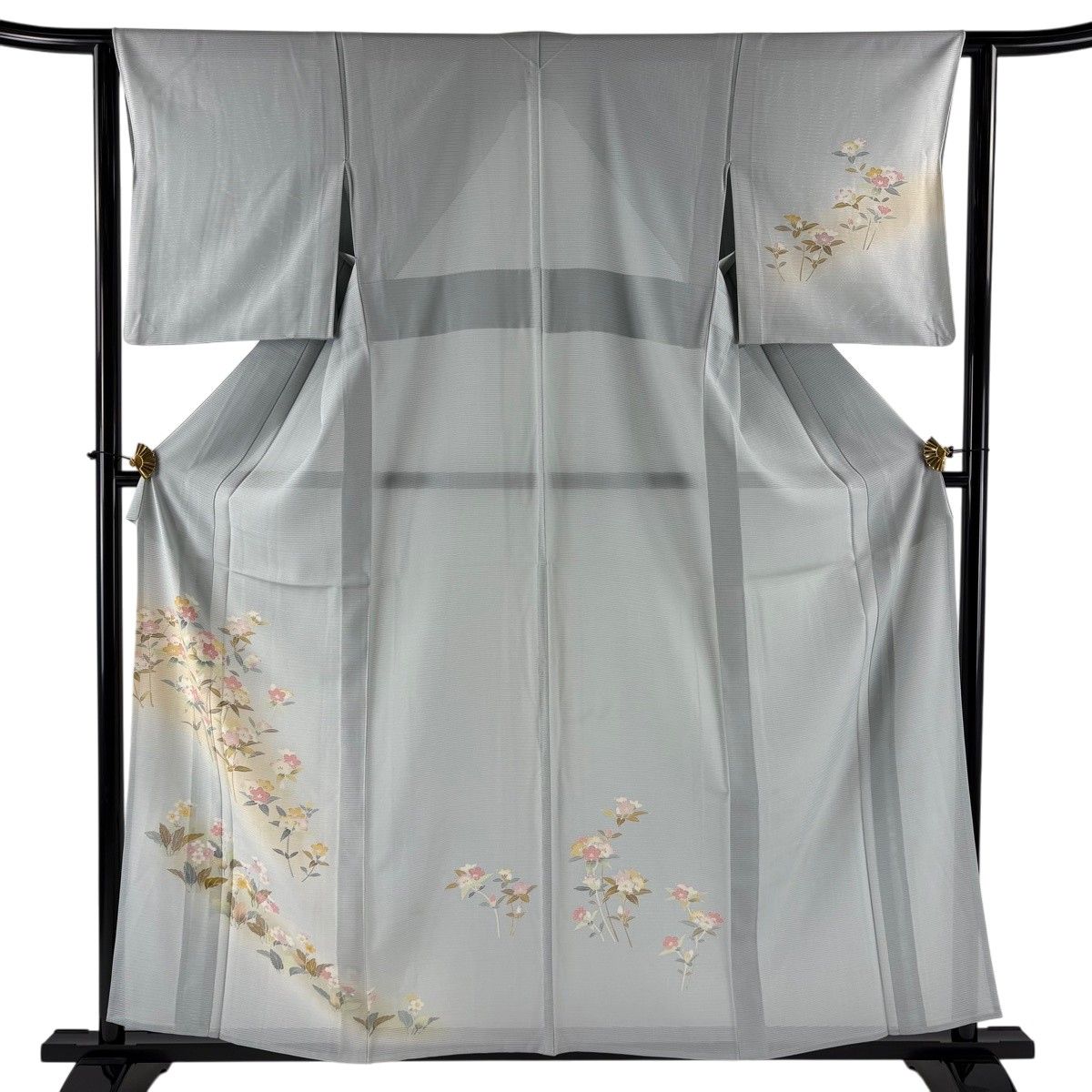 付下げ 身丈159cm 裄丈63cm S 薄物 絽 桔梗 草花 ぼかし 青灰色 正絹 秀品 【中古】