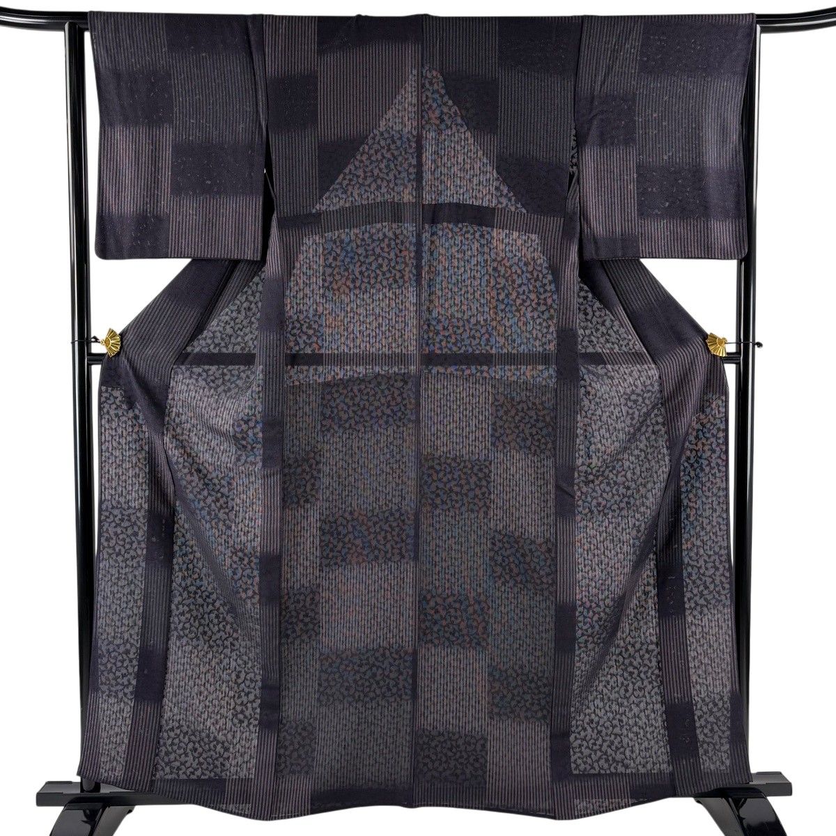 小紋 身丈160.5cm 裄丈65cm M 薄物 変わり市松 縞 濃紫 正絹 秀品 【中古】