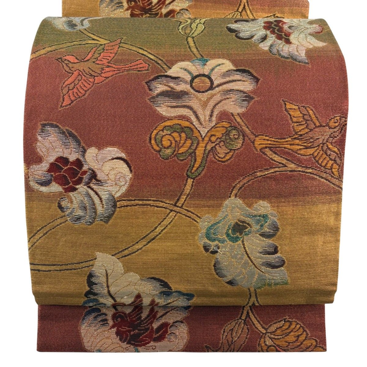 【美品】 袋帯 秀品 草花 鳥 金糸 箔 赤茶 六通 正絹 【中古】