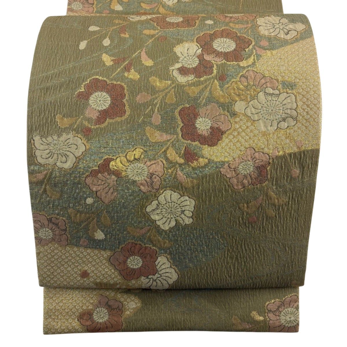 【美品】 袋帯 秀品 草花 霞 箔 鶯色 六通 正絹 【中古】