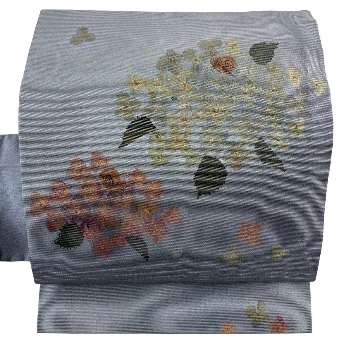 名古屋帯 秀品 紫陽花 カタツムリ 青灰色 正絹 【中古】