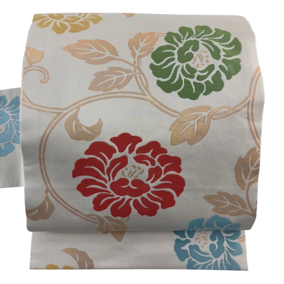 【美品】 名古屋帯 秀品 桝屋高尾 落款 花唐草 箔 ベージュ 正絹 【中古】