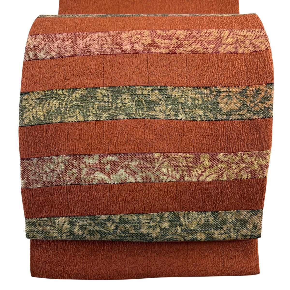【美品】 袋帯 秀品 縞 草花 金糸 金彩 赤茶 お太鼓柄 正絹 【中古】