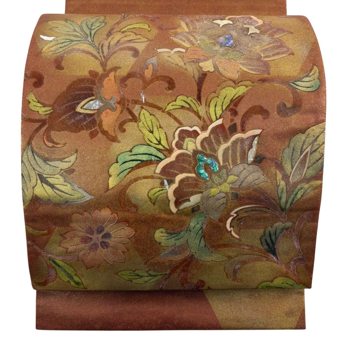 袋帯 秀品 花唐草 螺鈿 金彩 赤茶 お太鼓柄 正絹 【中古】