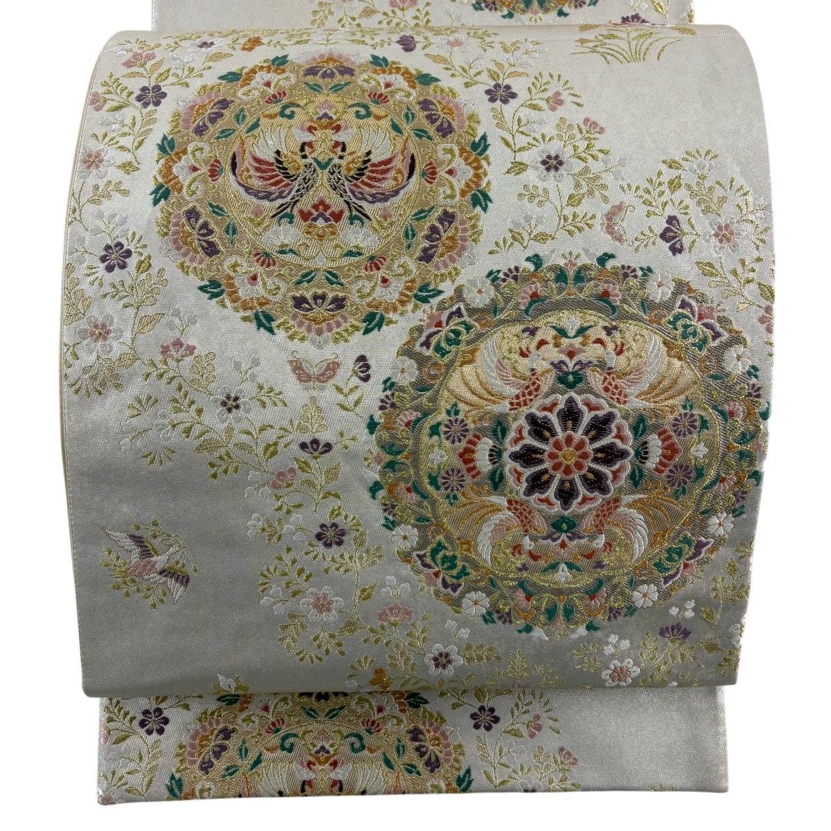 【美品】 袋帯 秀品 華文 花鳥 金糸 刺繍 ベージュ 六通 正絹 【中古】